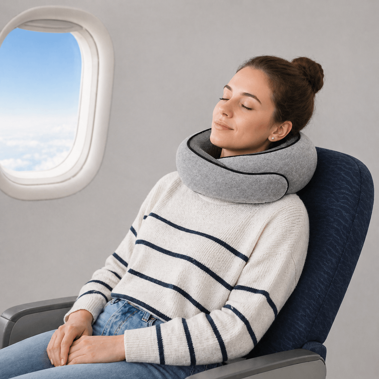 Une femme utilise le Coussin de Voyage Cou gris 