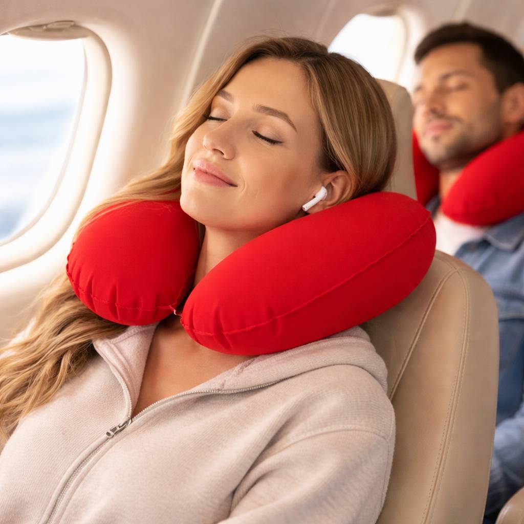 Une femme porte le Coussin de Voyage Gonflable rouge