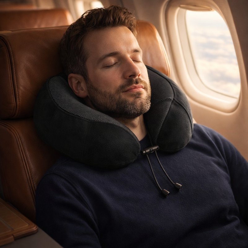 Un homme porte le Coussin de Voyage Mémoire de Forme​ noir 