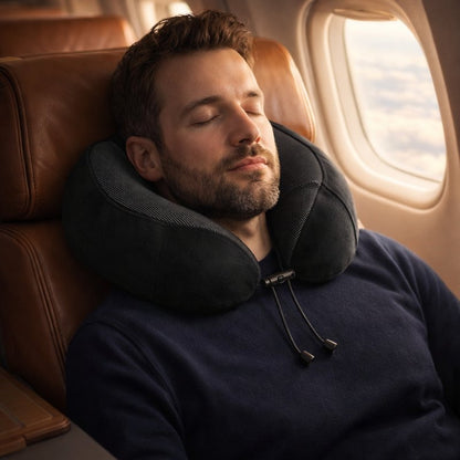 Un homme porte le Coussin de Voyage Mémoire de Forme​ noir 