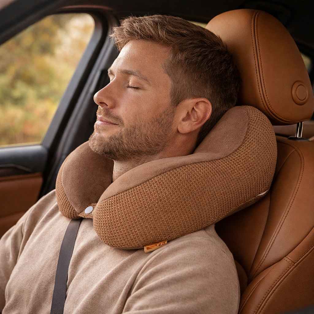 Un homme porte le Coussin de Voyage Voiture​ marron