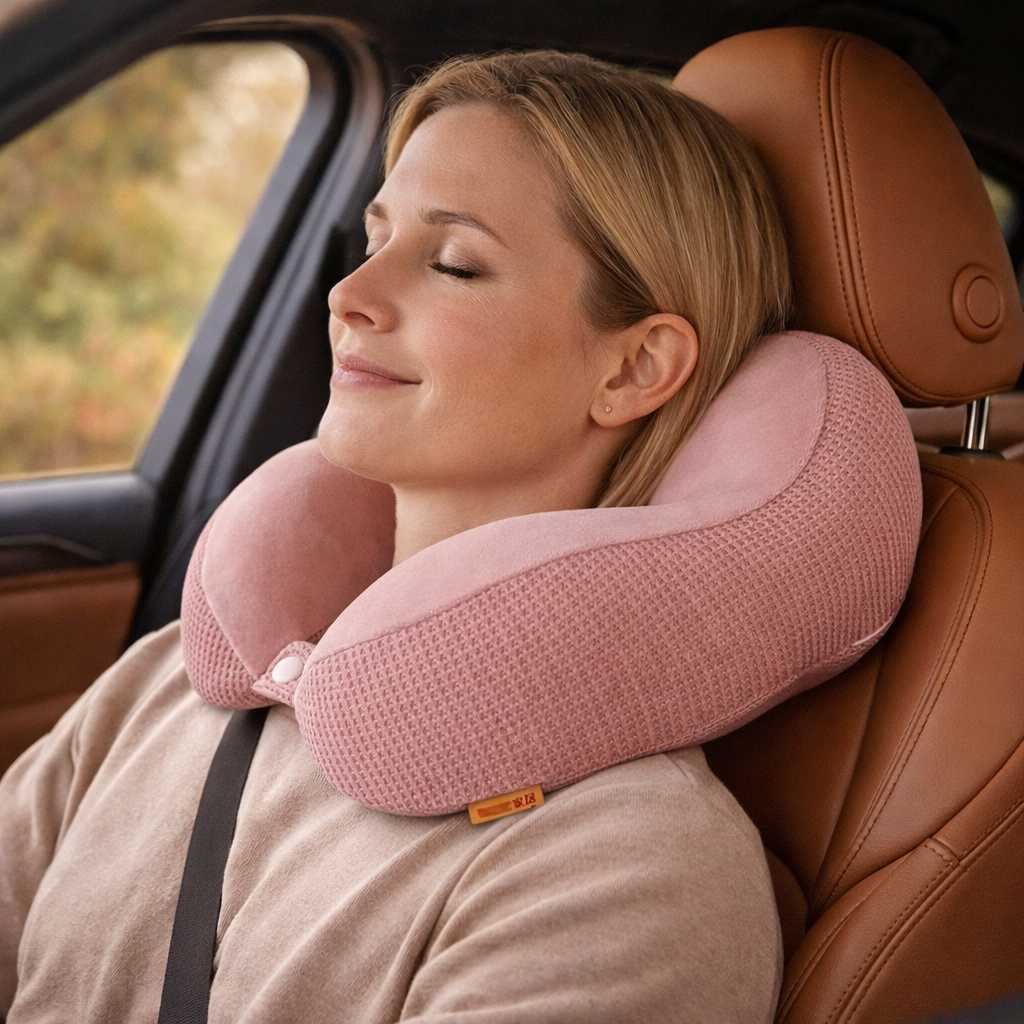 Une femme porte le Coussin de Voyage Voiture​ rose