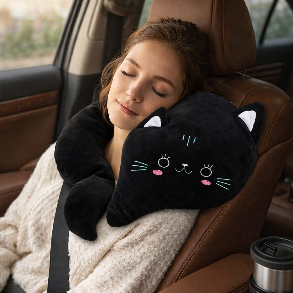 Une femme porte le Coussin de Voyage chat noir 