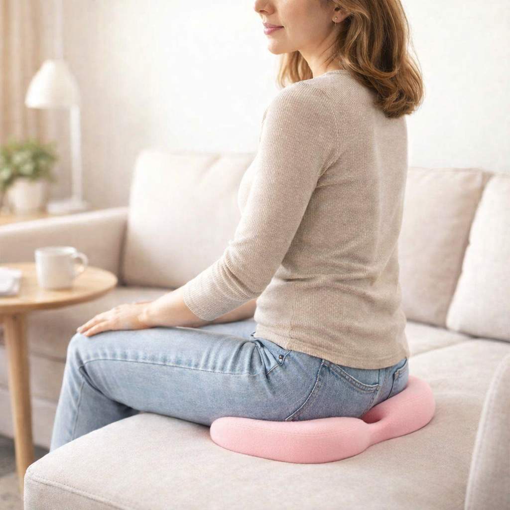 Une femme utilise le Coussin hémorroïdes mousse à mémoire de forme rose