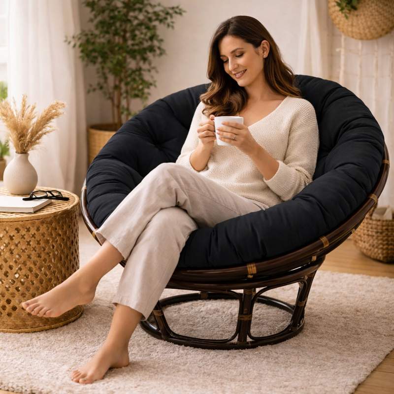 Une femme assise sur le Coussin pour Fauteuil en Rotin rond noir