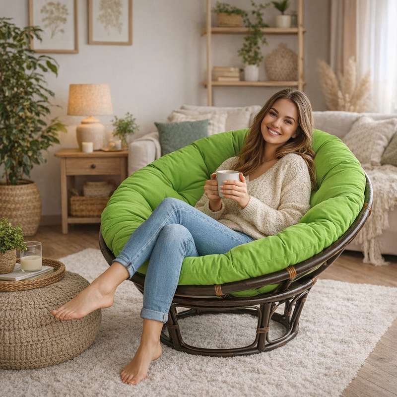 Une femme assise sur le Coussin pour Fauteuil en Rotin rond vert