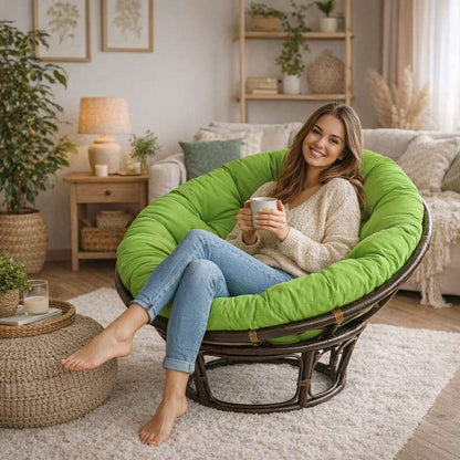 Une femme assise sur le Coussin pour Fauteuil en Rotin rond vert