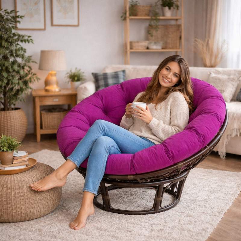Une femme assise sur le Coussin pour Fauteuil en Rotin rond​ violet