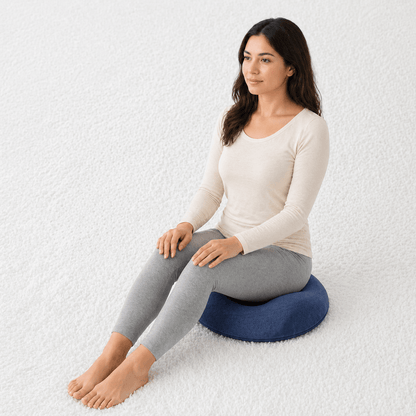 Une femme utilise le Coussin pour Hémorroïdes Donut Bleu