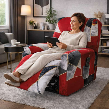 Une femme s'assoie sur la Housse Fauteuil Relax Contemporain rouge