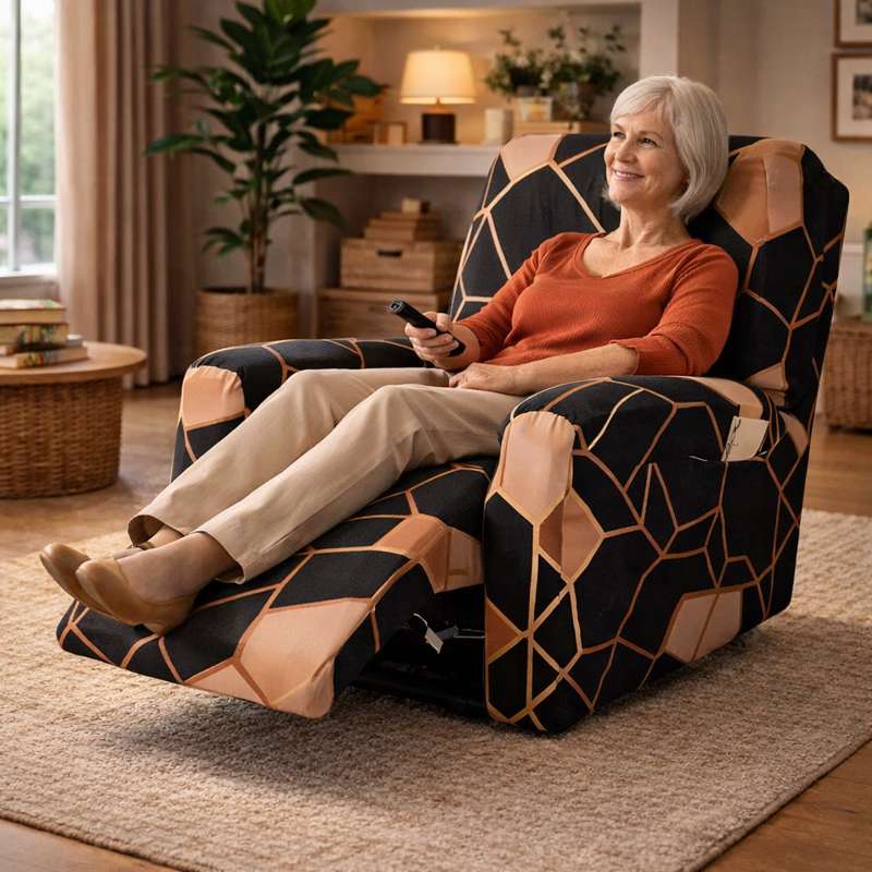 Une femme s'assoie sur la Housse Fauteuil Relax Hexagone