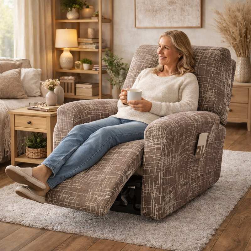 Une femme porte la Housse Fauteuil Relax l'Authentique 