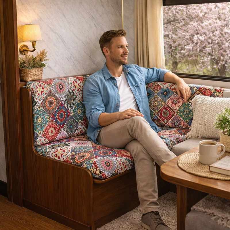 Homme Housse Banquette Camping Car Ethnique​ sur un banc