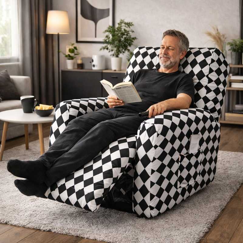 Un Homme s'assoie sur la Housse Fauteuil Relax damier