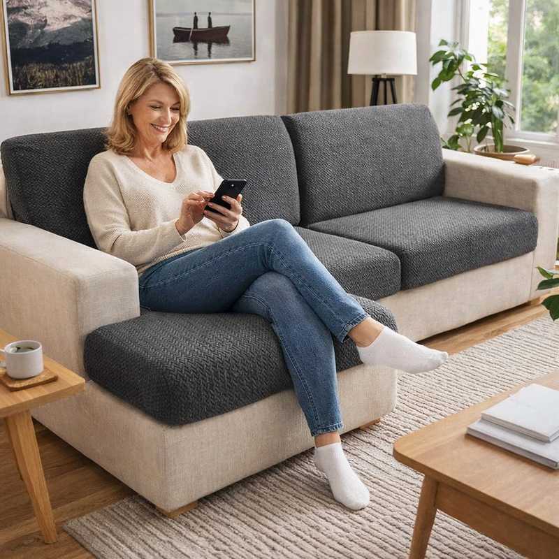 Femme Housse de Canapé Extensible gris foncé dans un salon