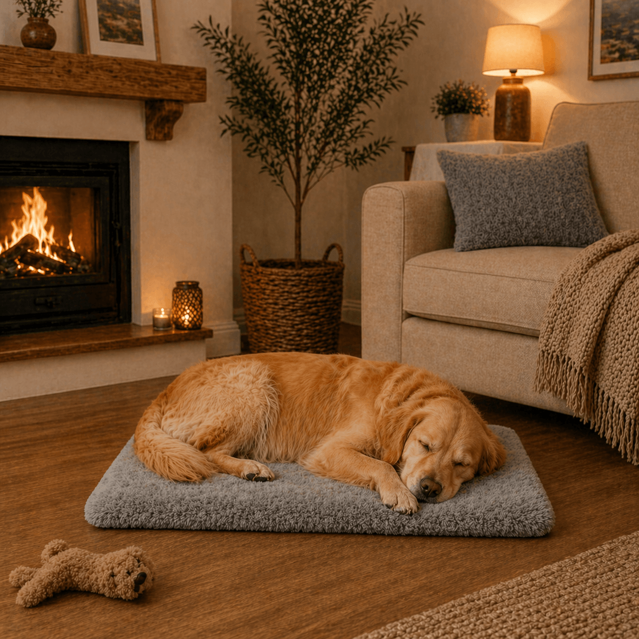 Un chien se couche sur le Lit Coussin Déhoussable Gris pour Chien