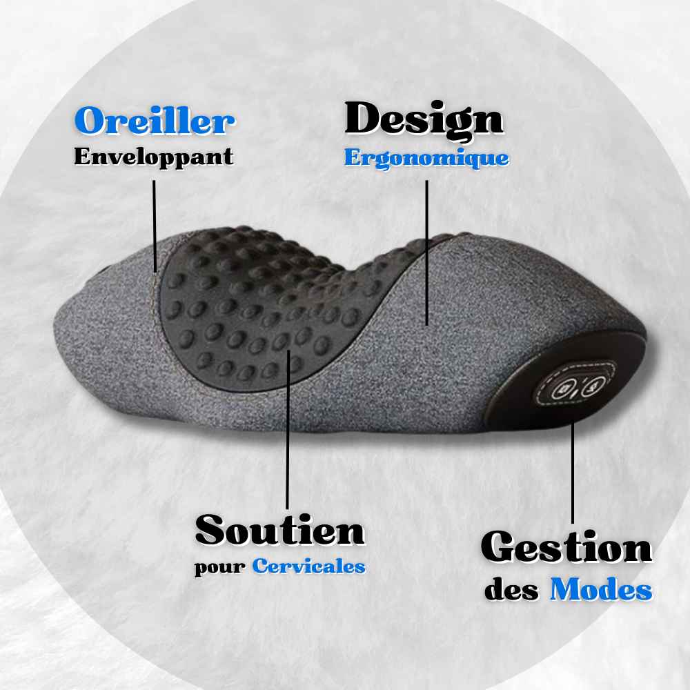 Coussin Chauffant Cervicales Pharmacie​ gris avec 4 détails clés