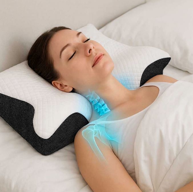 Une femme avec le coussin cervical pharmacie noir